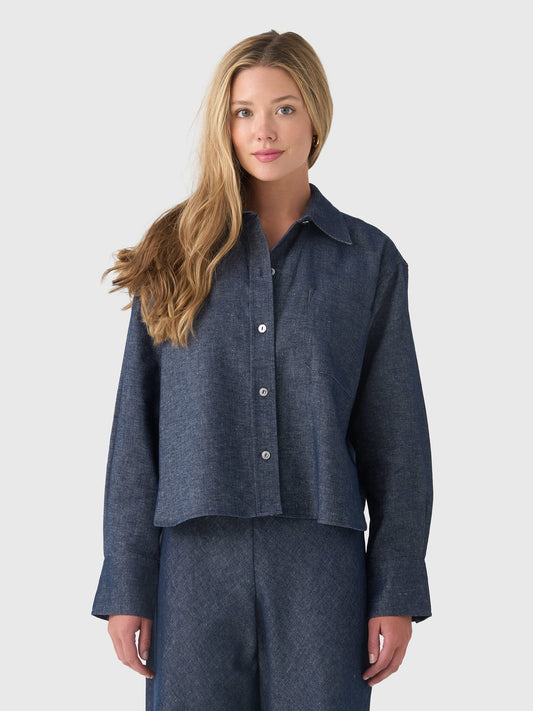 Vince Women's Cotton-Linen Chambray Cropped Button-Front Shirt