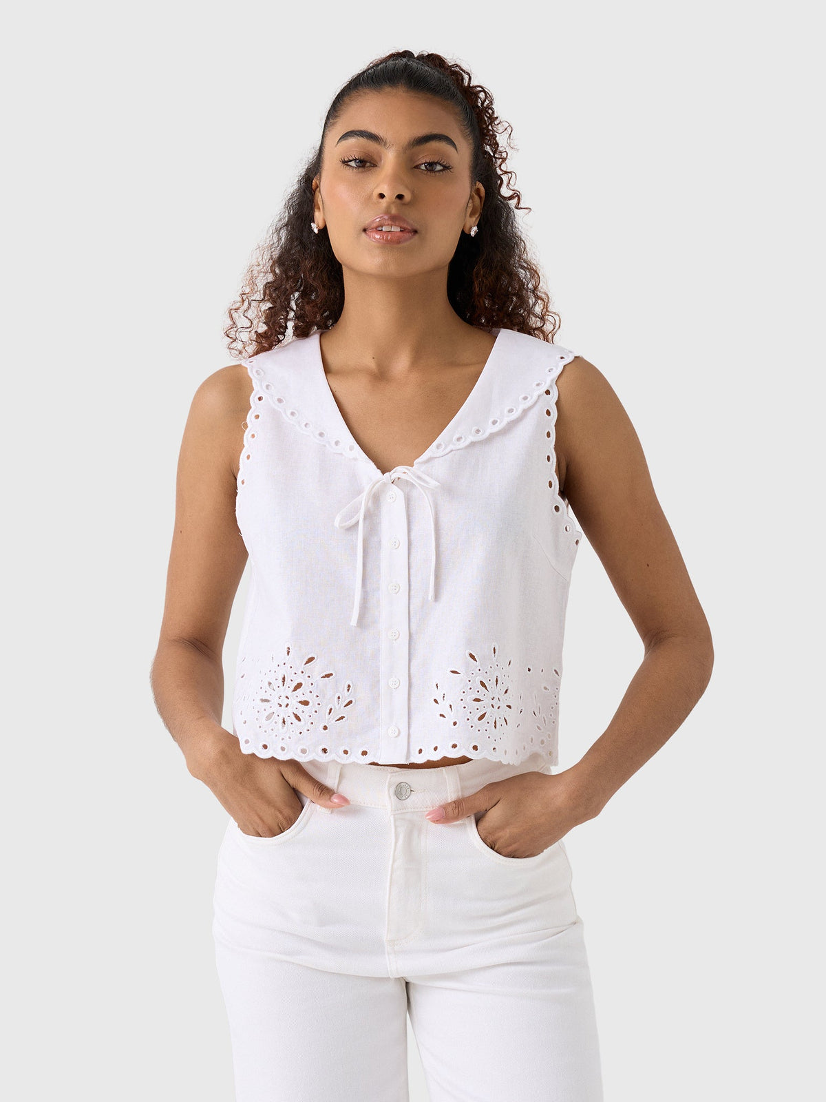 Le Jean Women's Embroidered Eyelet Sailor Top