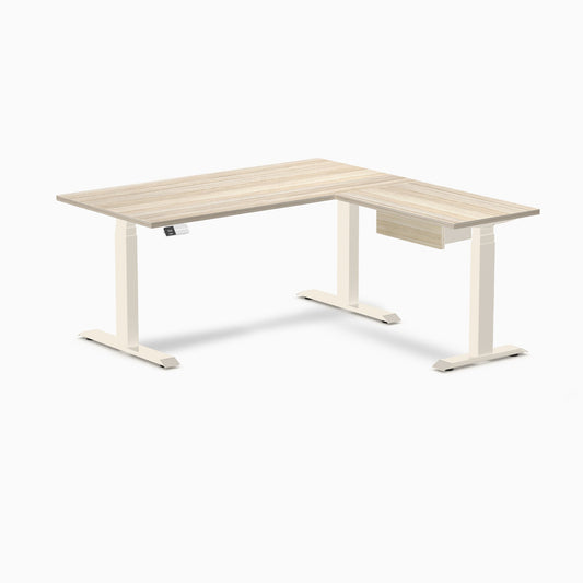 Desky Eco L-Shape Melamine Standing Desk With Drawer 150 x 155 cm Classic Oak Top and Wheat Leg