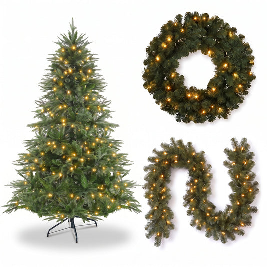 Christabelle Everglow Fir Christmas 3pc Set 1.2m Christmas Tree Wreath and Garland with LED Lights Holiday Decor