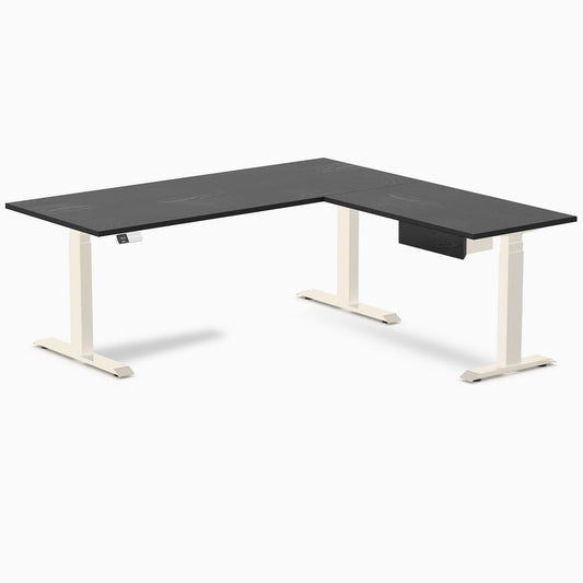 Desky Hardwood L-Shape Standing Desk With Drawer 180 x 175 cm Black Ash / Wheat Top and Wheat Leg