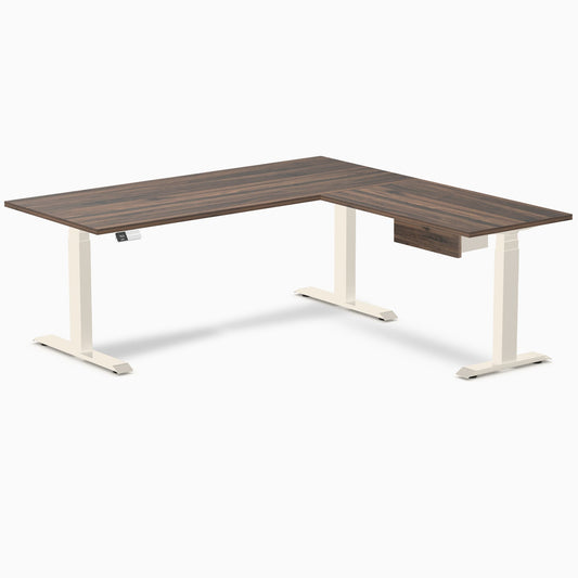 Desky Eco L-Shape Melamine Standing Desk With Drawer 180 x 175 cm Jarrah Legno Top and Wheat Leg