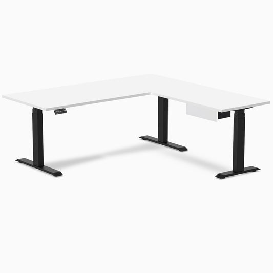 Desky Eco L-Shape Melamine Standing Desk With Drawer 180 x 175 cm White Top and Matte Black Leg