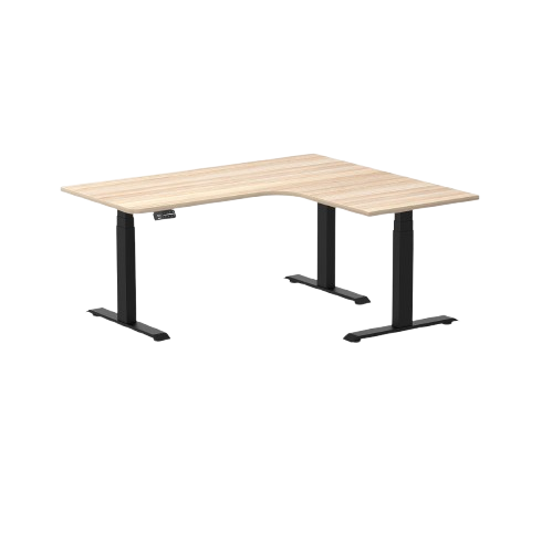 Desky L-Shape Melamine Sit Stand Desk 160cm - Left Return Classic Oak Top and Matte Black Leg