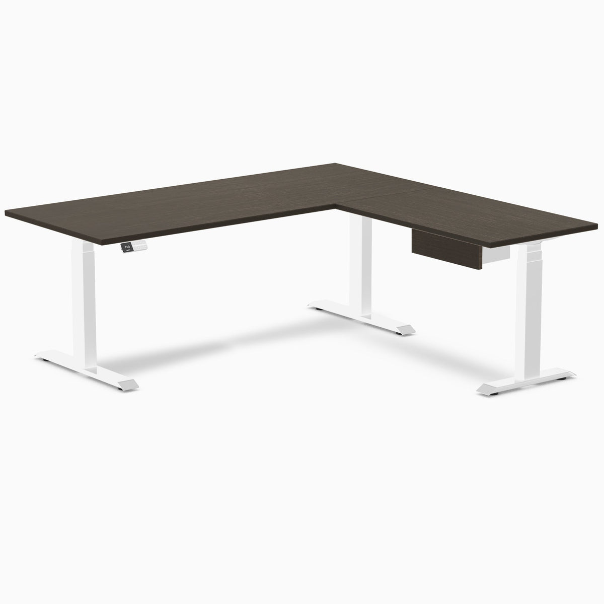 Desky Dark Bamboo L-Shape Standing Desk With Drawer 180 x 175 cm and White Leg