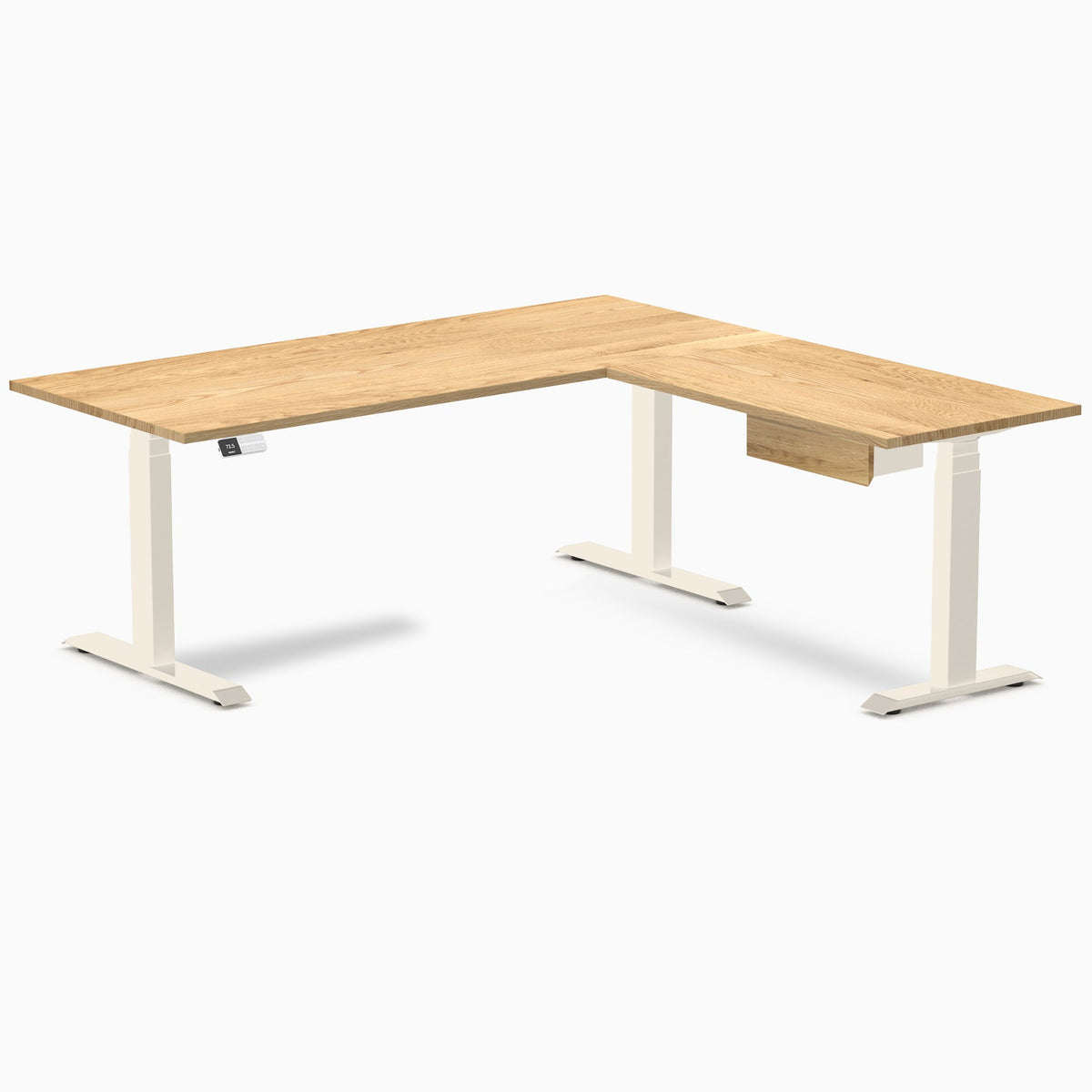 Desky Hardwood L-Shape Standing Desk With Drawer 180 x 175 cm White Oak / Wheat Top and Wheat Leg