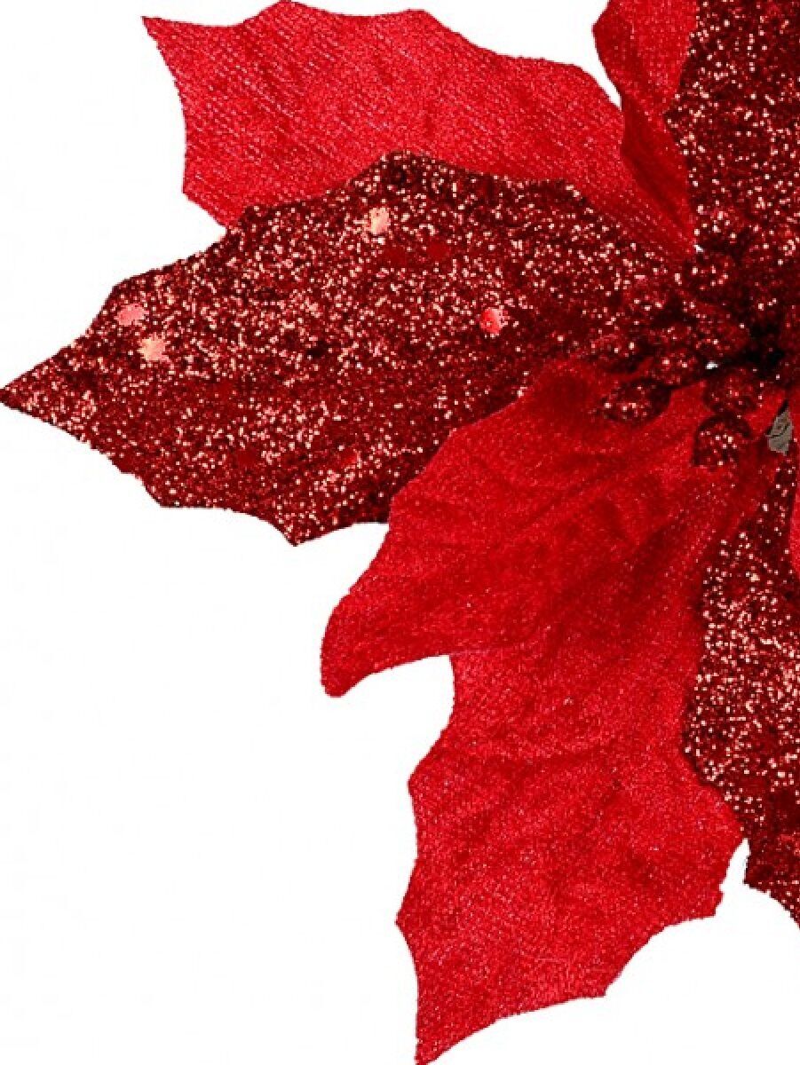 Red Fabric & Glitter Bracts Poinsettia Christmas Tree Stem Pick | 15cmRed
