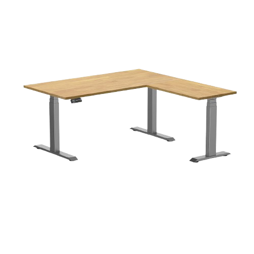 Desky Rubberwood L-Shape Sit Stand Desk 150 x 155 cm Light Oak Top and Space Grey Leg