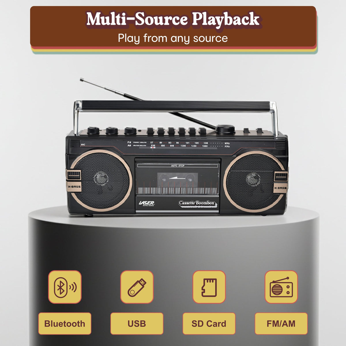 Laser Retro Cassette Boombox with AM FM Radio (Black)