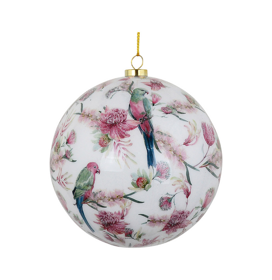 Heritage Glossy White Signature King Parrot Decoupage Bauble | 10cmWhite With Classic Pallette