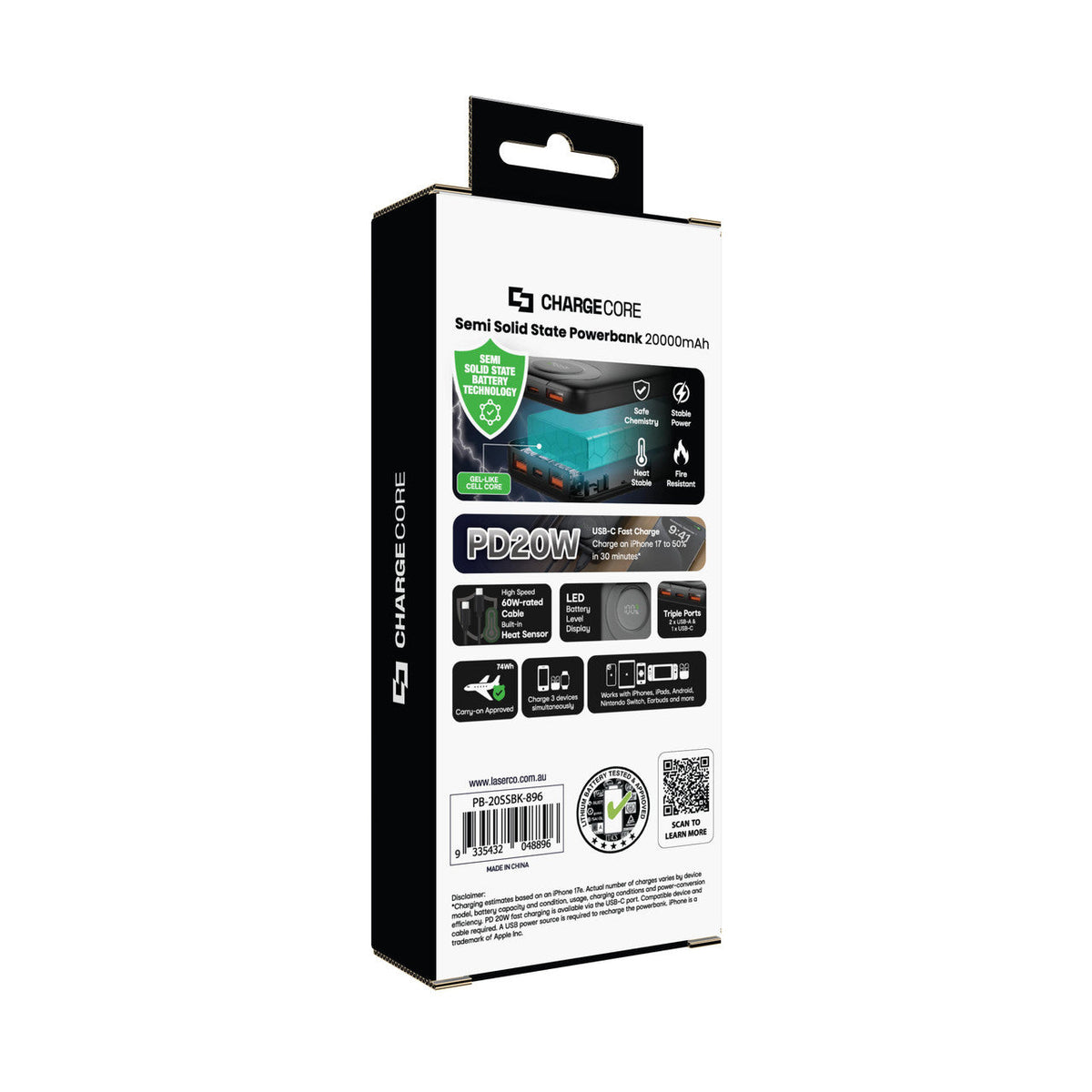 Laser ChargeCore 20,000mAh 20W Semi-Solid-State Power Bank (Black)