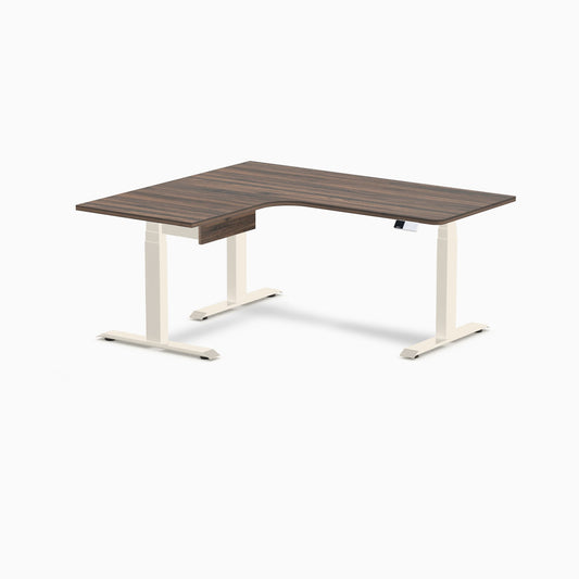 Desky L-Shape Melamine Standing Desk With Drawer 160cm - Left Return Jarrah Legno Top and Wheat Leg