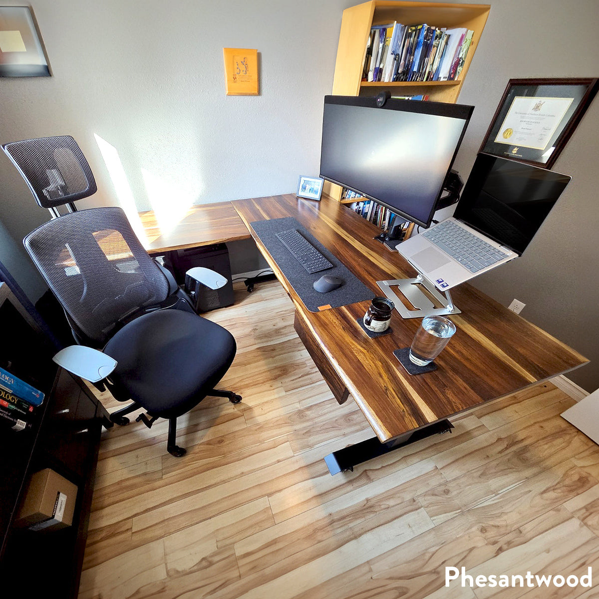 Desky Hardwood L-Shape Sit Stand Desk 180x175cm Pheasantwood and Space Grey Leg