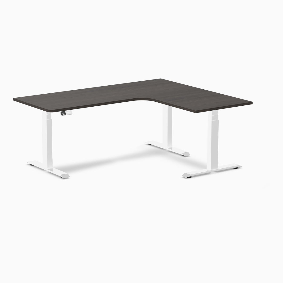 Desky L-Shape Melamine Sit Stand Desk 180cm - Right Return Burnished Wood Top and White Leg