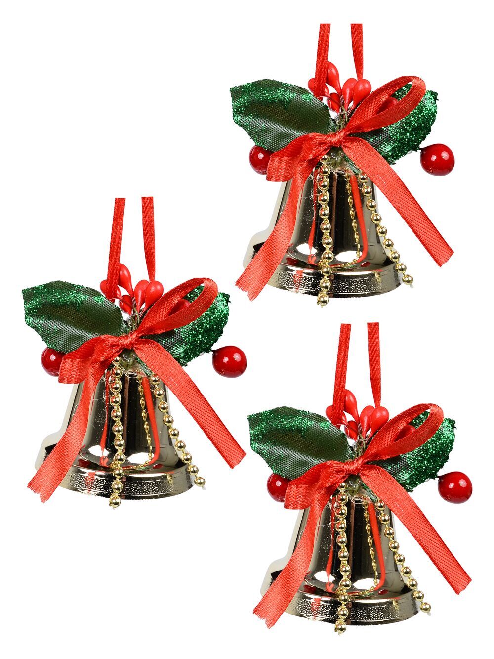 3x Gold Glossy Whimsical Essential Bell Drop | 50mmGold with Green & Red