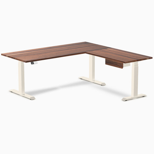 Desky Hardwood L-Shape Standing Desk With Drawer 180 x 175 cm Walnut / Wheat Top and Wheat Leg