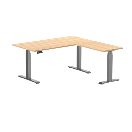 Desky Eco L-Shape Melamine Sit Stand Desk 150 x 155 cm Sublime Teak Top and Space Grey Leg