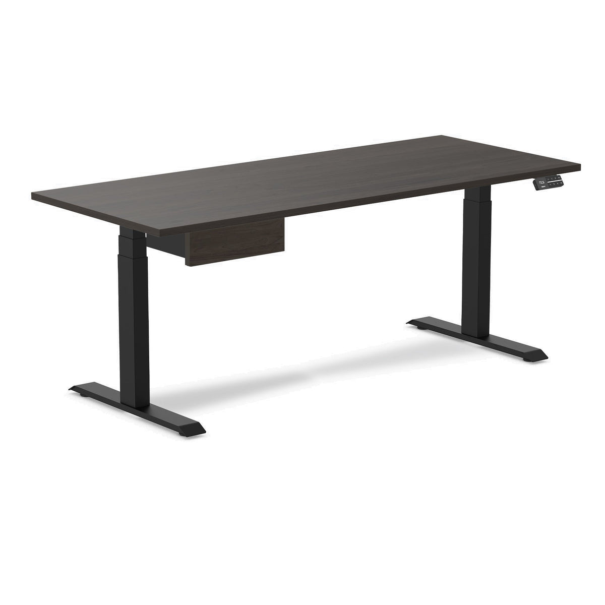 Desky Dual Melamine Standing Desk With Drawer 180cm Burnished Wood Desktop and Matte Black Frame