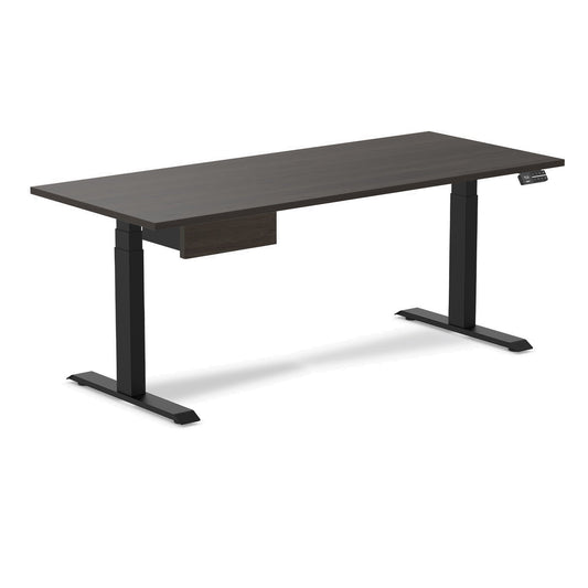 Desky Dual Melamine Standing Desk With Drawer 180cm Burnished Wood Desktop and Matte Black Frame