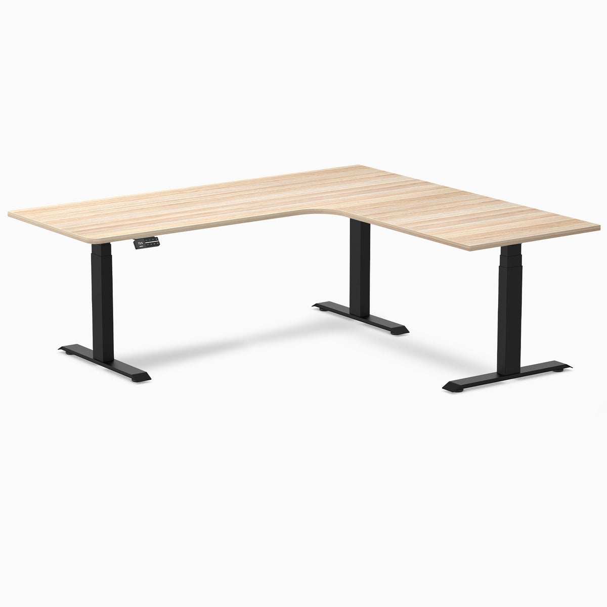 Desky L-Shape Melamine Sit Stand Desk 200cm - Right Return Classic Oak Top and Matte Black Leg