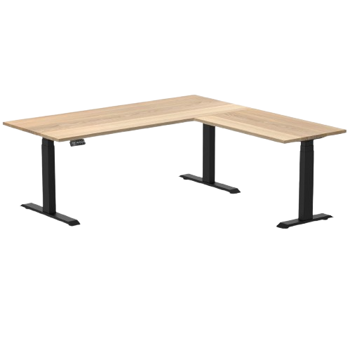 Desky Hardwood L-Shape Sit Stand Desk 180 x 175 cm White Ash Top and Matte Black Leg