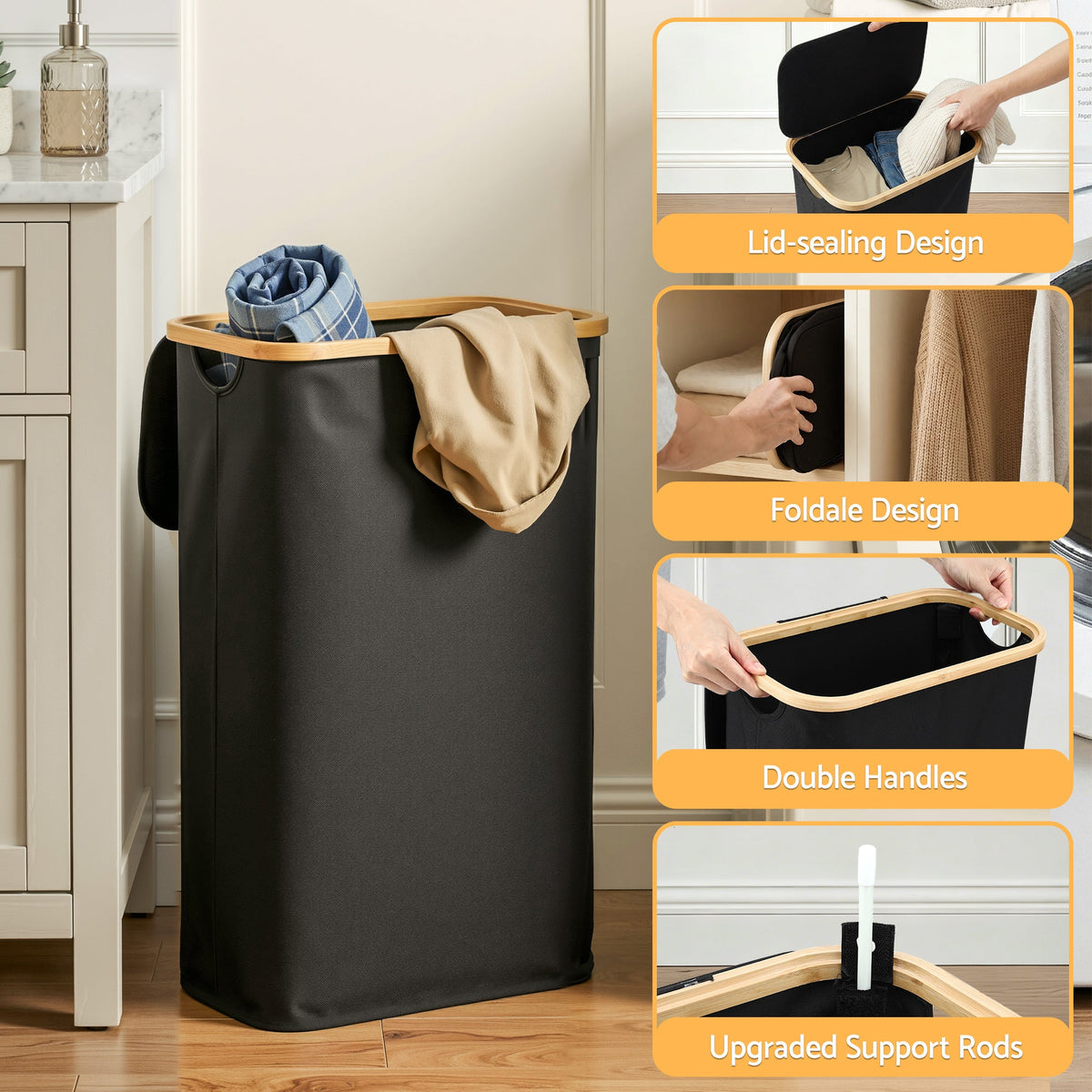 Artiss Laundry Basket with Removable Bag Foldable Black 60L