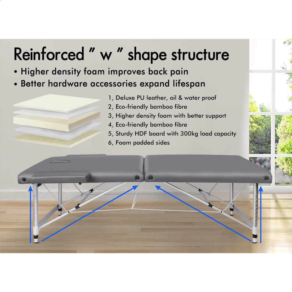 ALFORDSON Massage Table 2 Fold 75cm Foldable Portable Bed Desk Aluminium Lift Up (Grey)