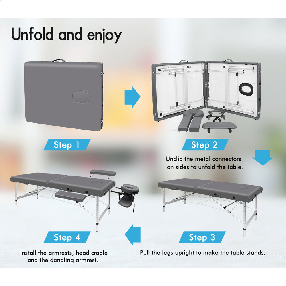 ALFORDSON Massage Table 2 Fold 75cm Foldable Portable Bed Desk Aluminium Lift Up (Grey)