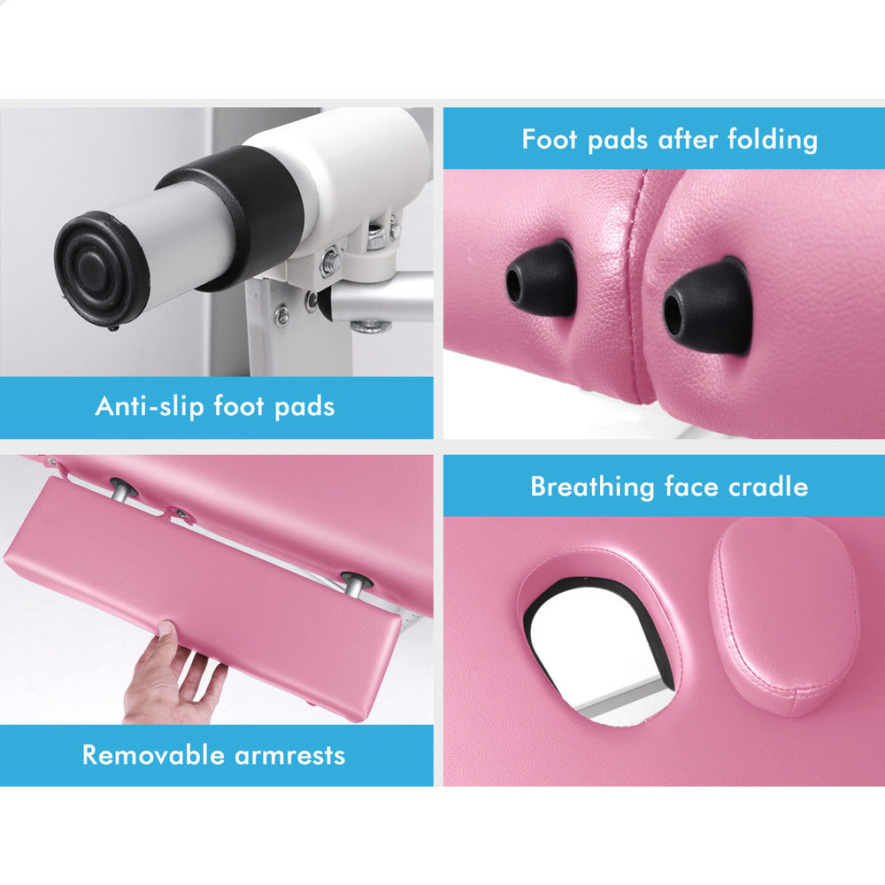 ALFORDSON Massage Table 3 Fold 75cm Foldable Portable Aluminium Lift Up Bed Desk (Pink)