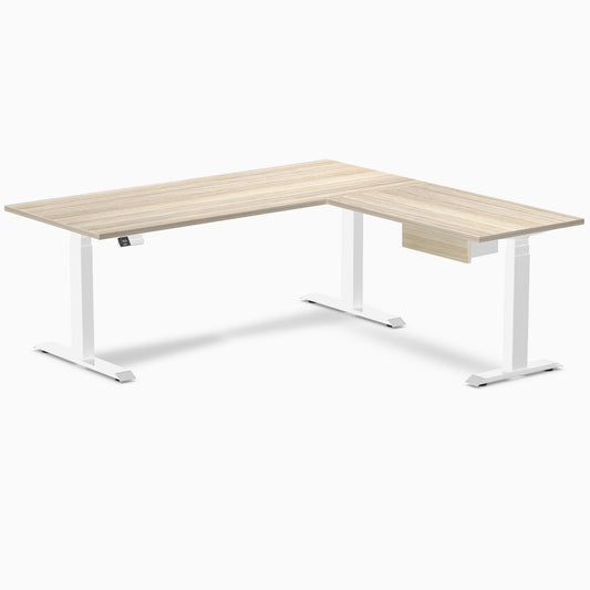 Desky Eco L-Shape Melamine Standing Desk With Drawer 180 x 175 cm Classic Oak Top and White Leg