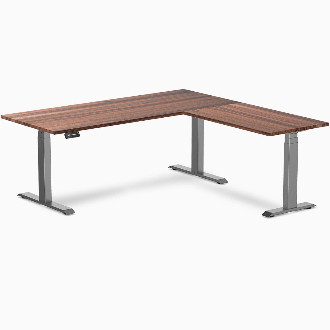 Desky Hardwood L-Shape Sit Stand Desk 180x175cm Walnut and Space Grey Leg