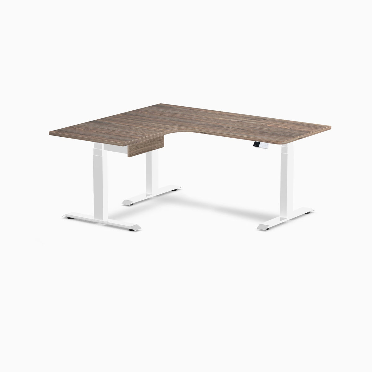 Desky L-Shape Melamine Standing Desk With Drawer 160cm - Left Return Natural Walnut Top and White Leg