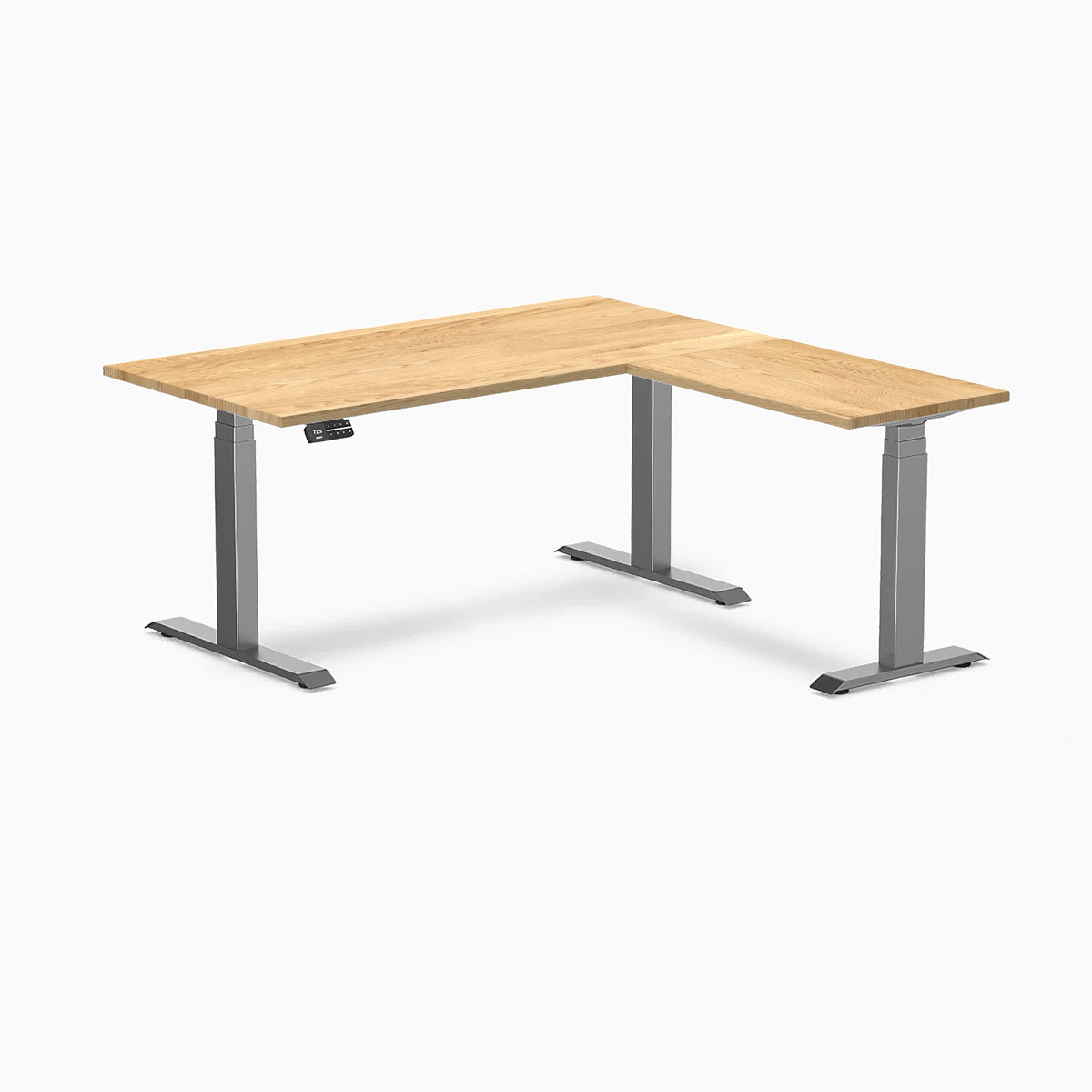 Desky Hardwood L-Shape Sit Stand Desk 150x155cm White Oak and Space Grey Leg