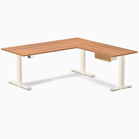 Desky Eco L-Shape Melamine Standing Desk With Drawer 180 x 175 cm Prime Oak Top and Wheat Leg