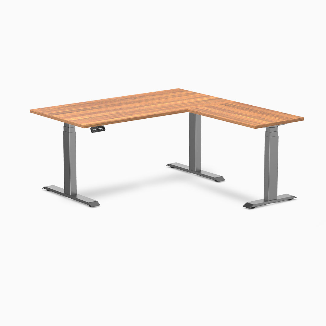 Desky Eco L-Shape Melamine Sit Stand Desk 150 x 155 cm Prime Oak Top and Space Grey Leg