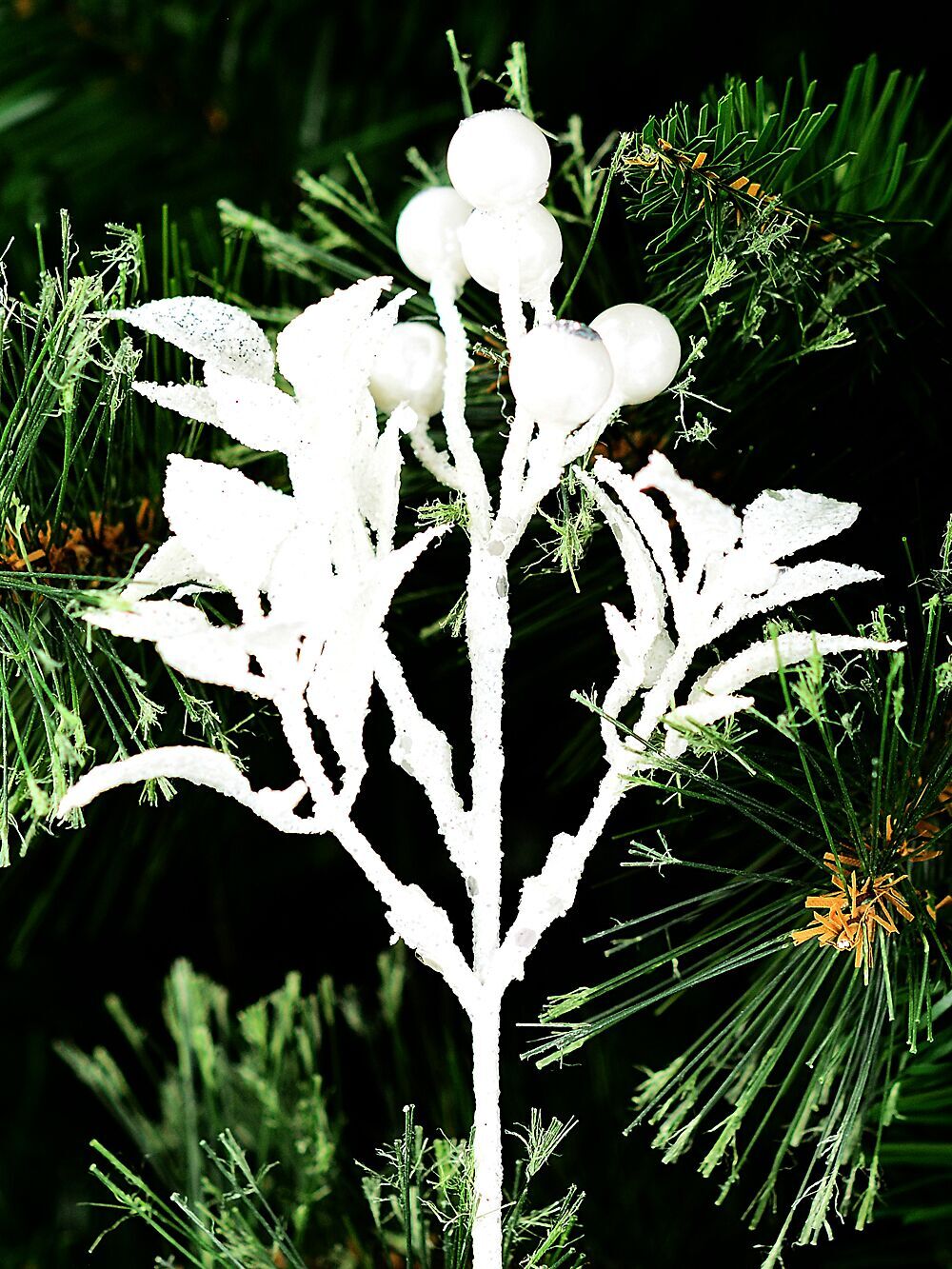 White Berries & Foliage Spray With Silver Glitter Christmas Clip Pick | 19cmWhite with Silver