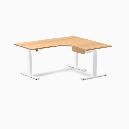 Desky L-Shape Melamine Standing Desk With Drawer 160cm - Right Return Select Beech Top and White Leg