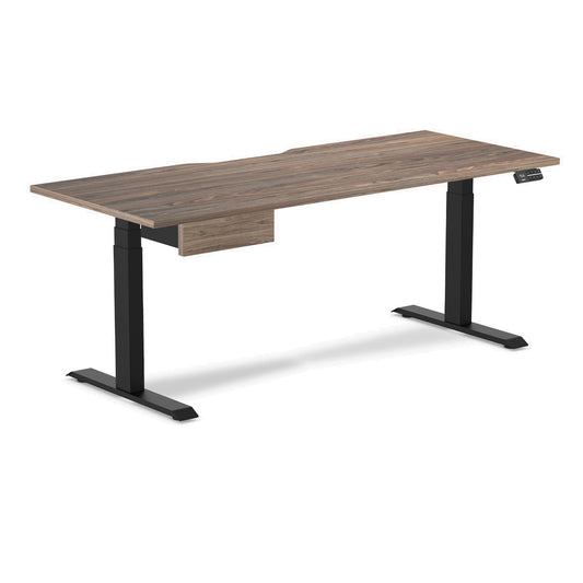 Desky Dual Scalloped Melamine Standing Desk With Drawer - Natural Walnut / 1800x750mm / Matte Black