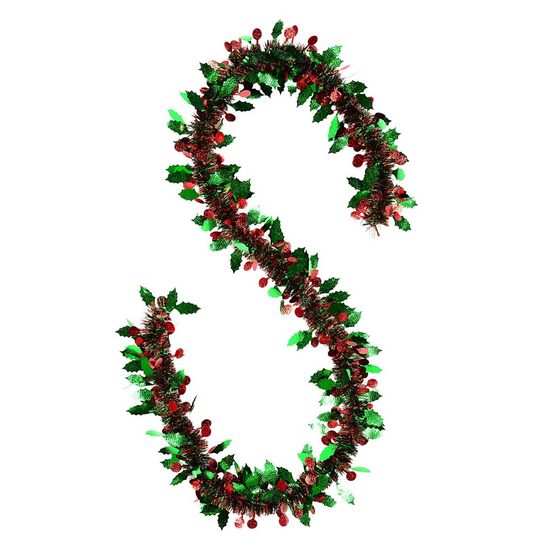Premium Decorated 6ply Holly and Berry Christmas Tinsel Garland 2m x 15cm (Red/Green)