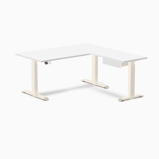 Desky Eco L-Shape Melamine Standing Desk With Drawer 150 x 155 cm White Top and Wheat Leg