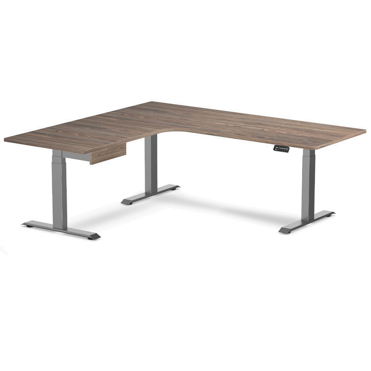 Desky L-Shape Melamine Standing Desk With Drawer 200cm - Left Return Natural Walnut Top and Space Grey Leg