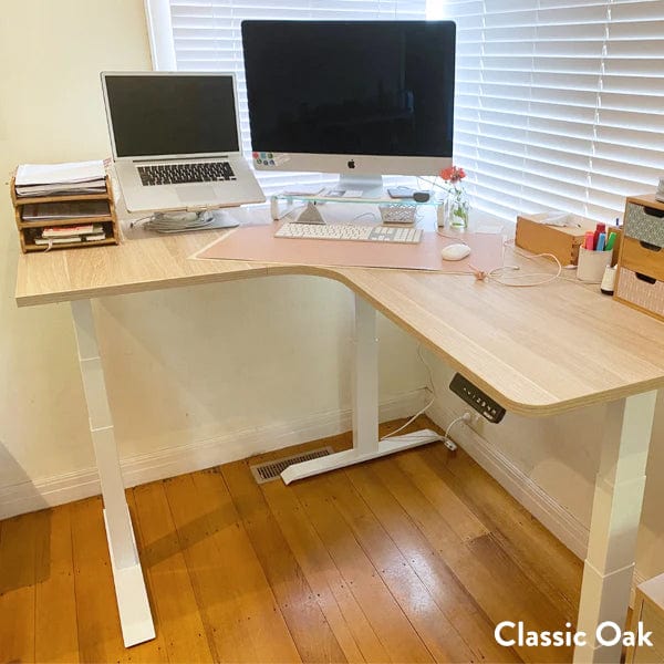 Desky L-Shape Melamine Sit Stand Desk 160cm - Right Return Classic Oak Top and White Leg