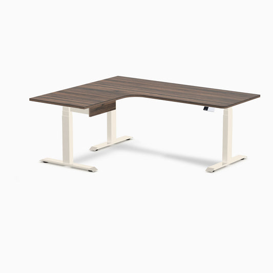 Desky L-Shape Melamine Standing Desk With Drawer 180cm - Left Return Jarrah Legno Top and Wheat Leg