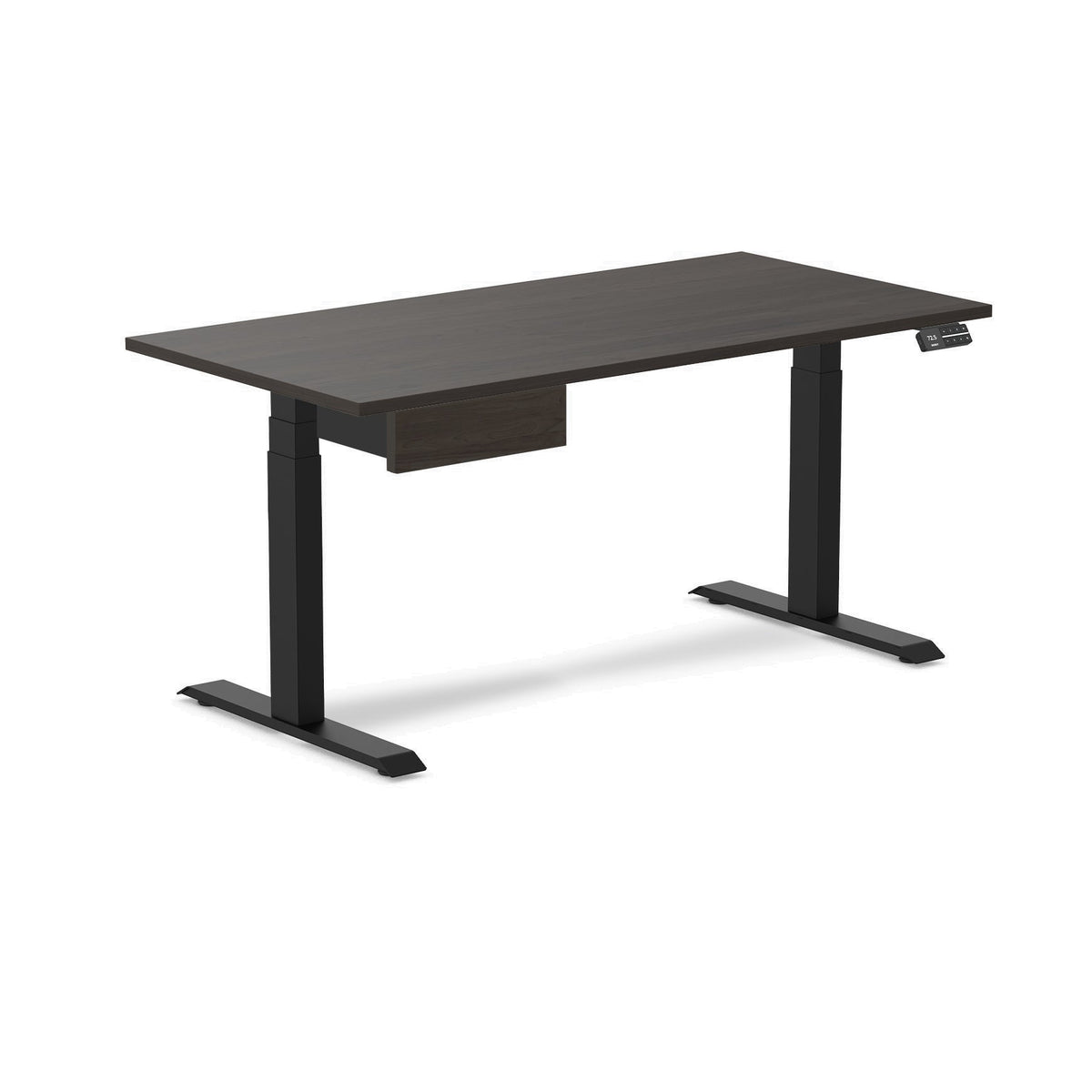Desky Dual Melamine Standing Desk With Drawer 150cm Burnished Wood Desktop and Matte Black Frame