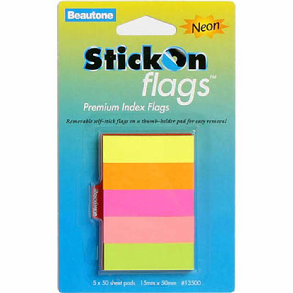 Beautone Stick On Flags 250 Sheets (Assorted Neon) - 15x50mm