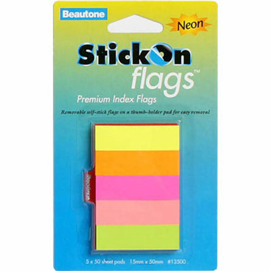 Beautone Stick On Flags 250 Sheets (Assorted Neon) - 15x50mm