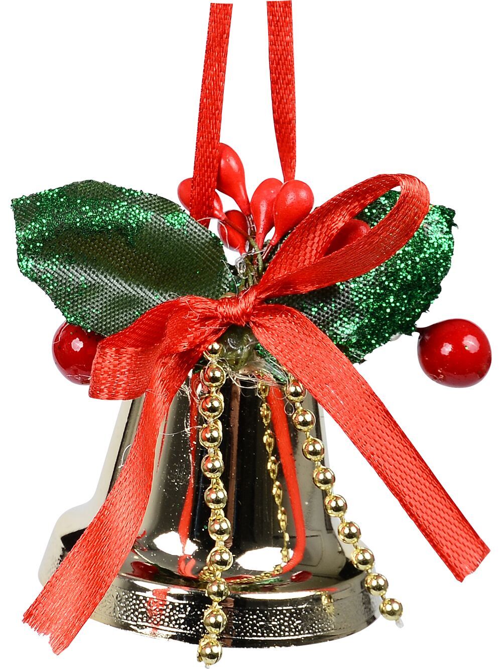 3x Gold Glossy Whimsical Essential Bell Drop | 50mmGold with Green & Red