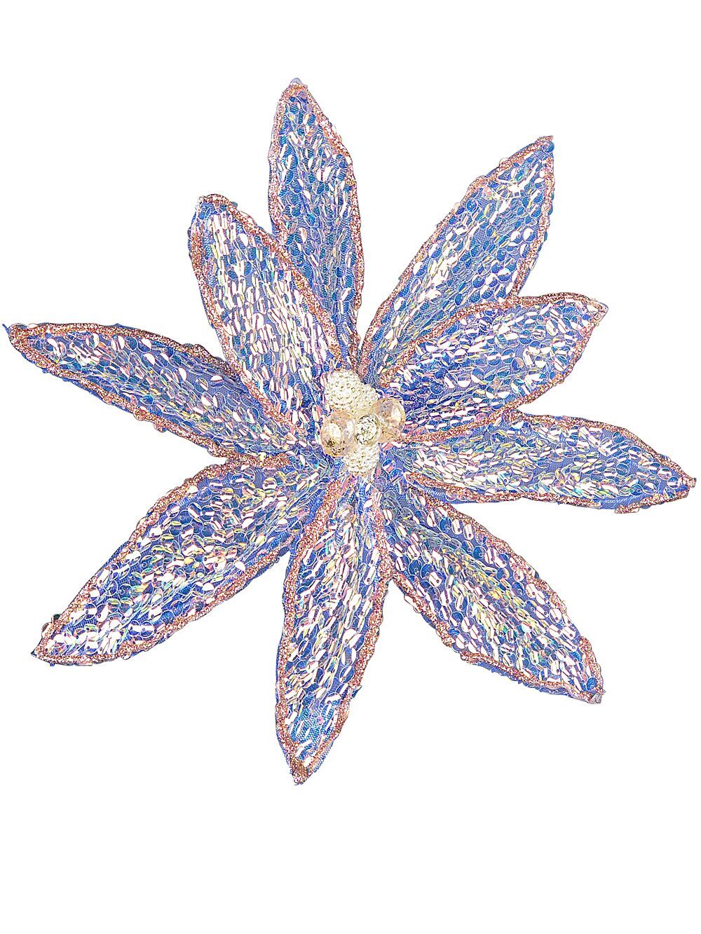 Blue Poinsettia With Iridescent Sequins Christmas Tree Clip Pick | 26cmBlue with Iridescent & Pink