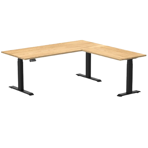 Desky Hardwood L-Shape Sit Stand Desk 180 x 175 cm White Oak Top and Matte Black Leg