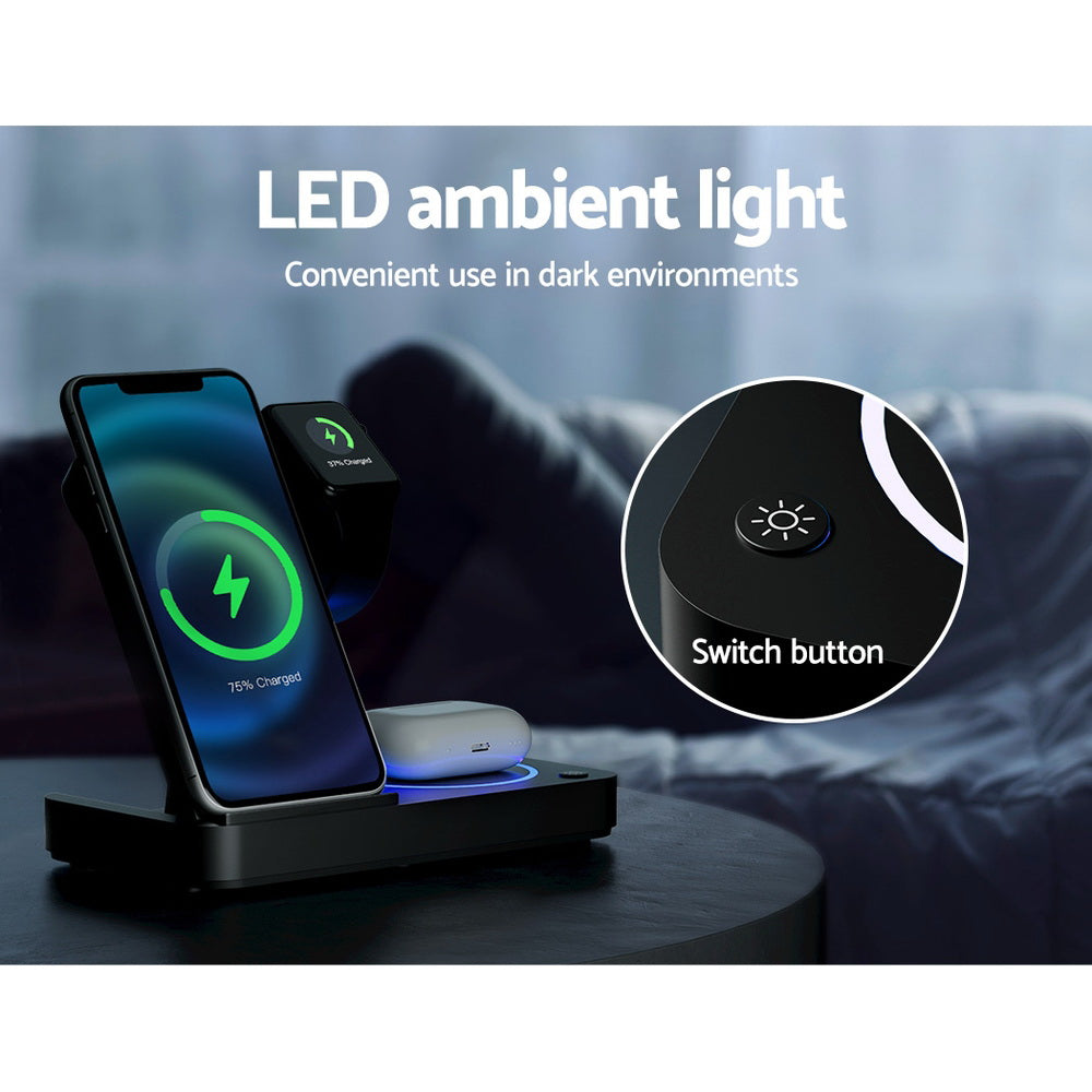 Devanti 4-in-1 Wireless Charger Dock Fast Charging for Apple iWatch Airpod Black